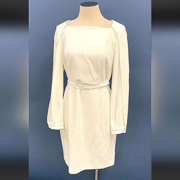 New! Tags!! DKNY White Long Slit Sleeve Dress With Tie Waist Sz 10 - Picture 1 of 12